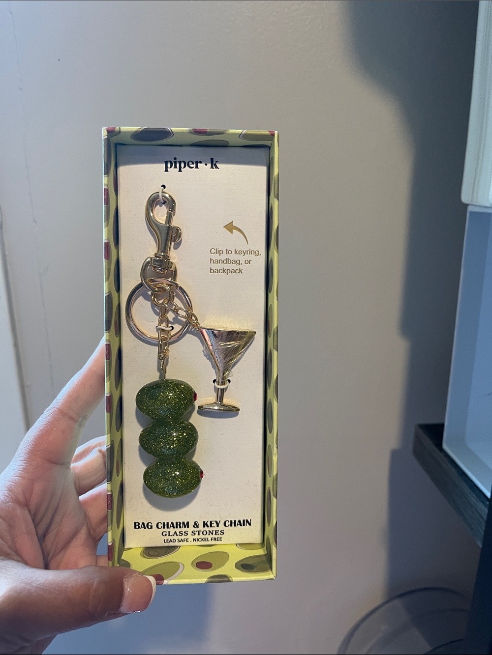 Piper Green Glitter Bead Keychain with Gold Martini Charm